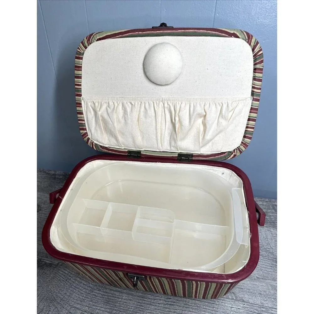 Vintage 70s Sewing Box Carrying Wood Handle Removable Plastic Tray & Extras Lot - Picture 2 of 16